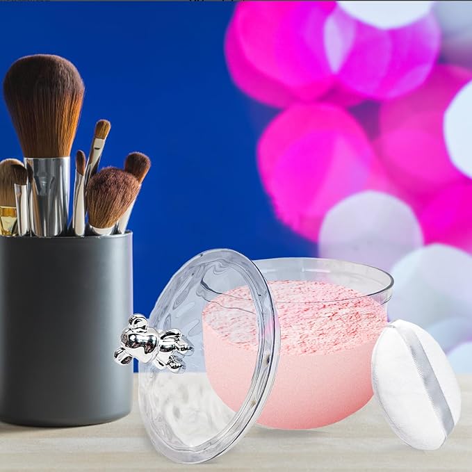 3 Pcs Body Face Plastic Powder Puff and Container Dish with Fluffy Soft Large Powder Puff for Women(Bear Shape)