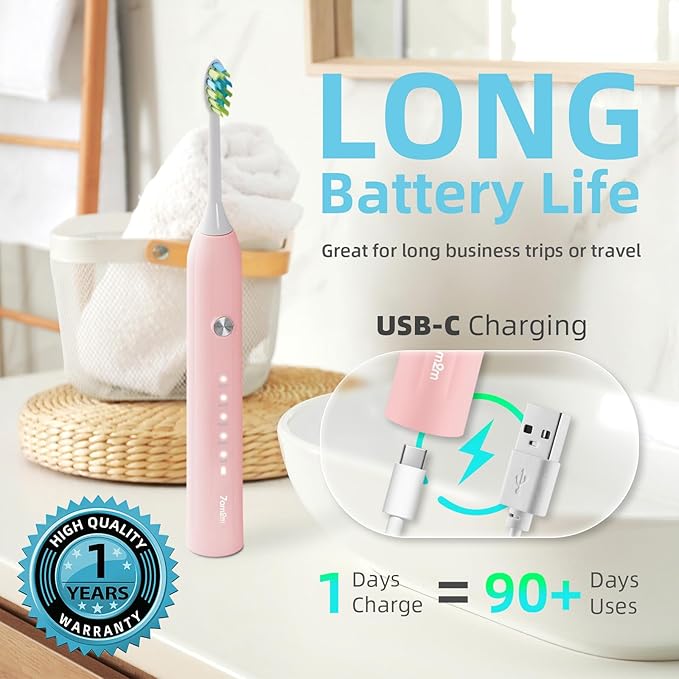 7AM2M Sonic Electric Toothbrush for Adults and Kids, USB-C Rechargeable with 4 Brush Heads & 5 Modes, One Charge for 90 Days, 40000 VPM High-Powered, 2 Minutes Built-in Smart Timer, Pink