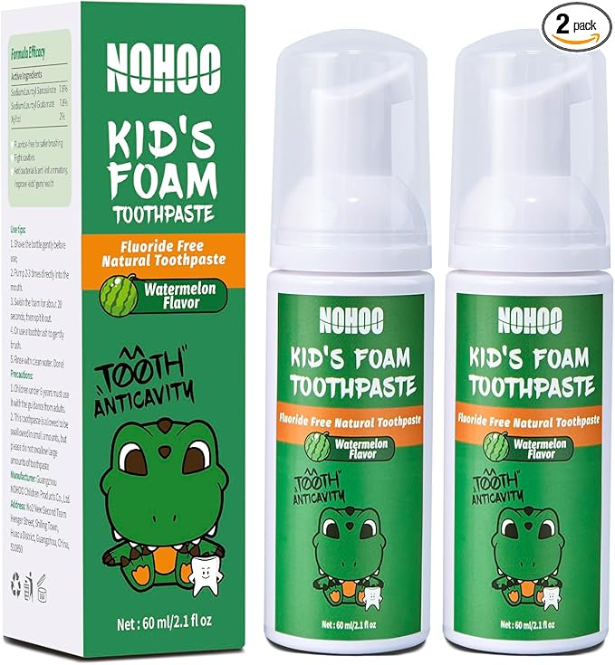 NOHOO Fluoride Free Foam Toothpaste Kids Watermelon,Natural Training Toothpaste for Baby Toddler Children Oral Cleaning and Cavity Protection(2 Pack)