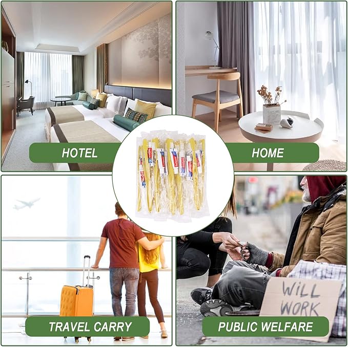 Disposable Toothbrushes with Toothpaste,100 Pack Yellow Hollow Individually Wrapped Disposable Travel Toothbrushes Kit in Bulk for Homeless,Nursing Home,Hotel,Charity