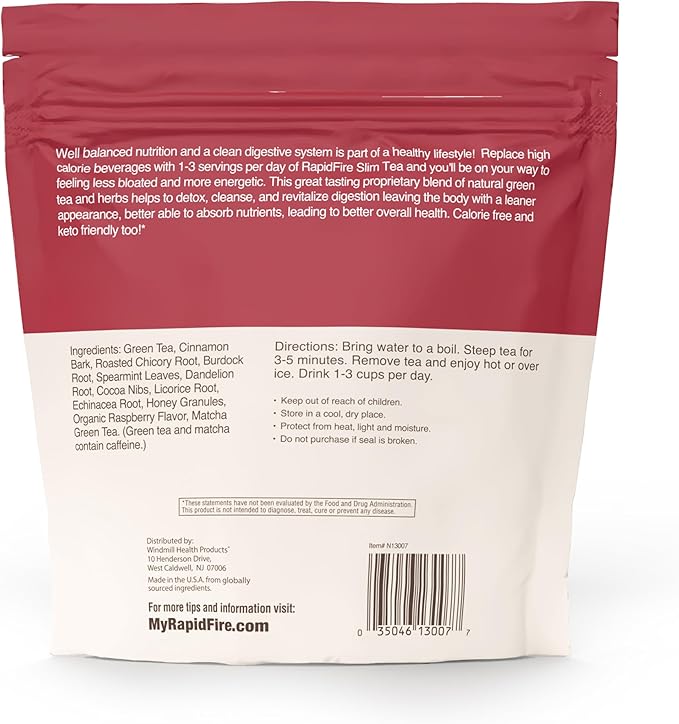 Rapid Fire Slim Tea Bags, Blend of Natural Herbs and Botanicals, Promotes Energy and Digestion, Supports Metabolism, 14 Servings, Raspberry Flavor