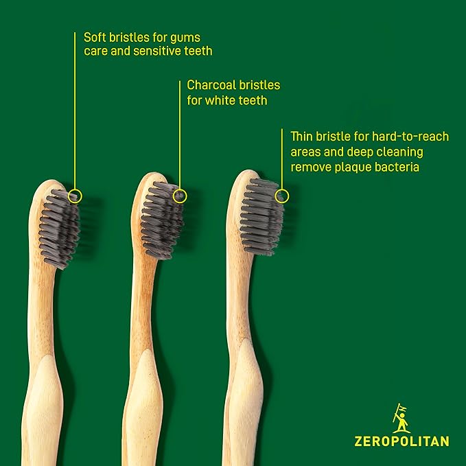 Eco-Friendly Bamboo Toothbrush Set of 4 - Medium Bristle Toothbrush with Ergonomic Handles & Charcoal Bristles – Low Waste & Biodegradable Personal Care Essentials