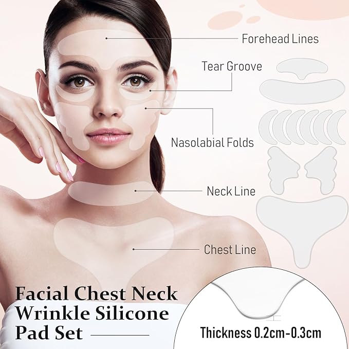 32 Pcs Facial Chest Neck Silicone Pad Reusable Face Forehead Patches Facial Sleeping Mask Cover for Smoothing Chest Neck Forehead Eye Mouth (Pink)