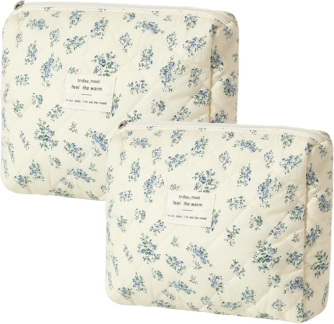Quilted Cotton Makeup Bag 2Pcs Coquette Cosmetic Bag,Large Soft Floral Travel Toiletry Bag for Women and Girls(02 Blue flower)