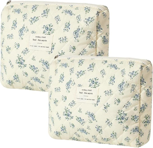 Quilted Cotton Makeup Bag 2Pcs Coquette Cosmetic Bag,Large Soft Floral Travel Toiletry Bag for Women and Girls(02 Blue flower)