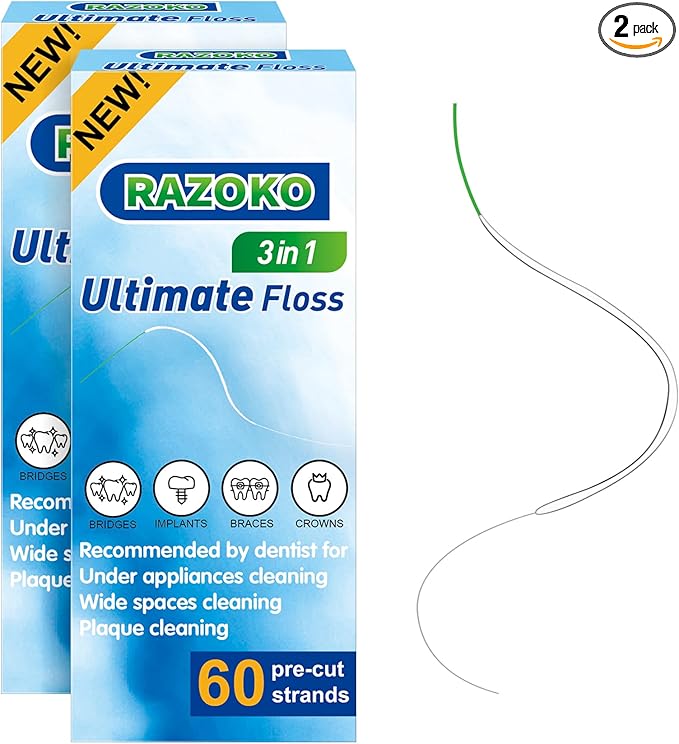 RAZOKO 3-in-1 Floss for Braces, 120 Pre-Cut Strands | Floss Threaders, Spongy & Regular Floss for Bridges & Wide Gaps
