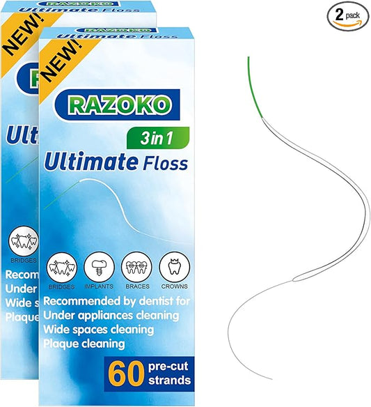RAZOKO 3-in-1 Floss for Braces, 120 Pre-Cut Strands | Floss Threaders, Spongy & Regular Floss for Bridges & Wide Gaps