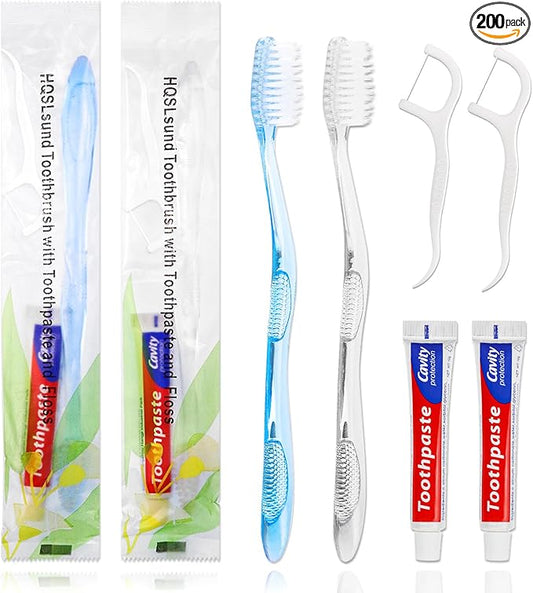 200 pcs Disposable Toothbrushes with Toothpaste Floss Individually Wrapped, 2 Color Toothbrush, 10g Toothpaste, Floss Pick, Bulk Toothbrush for Homeless,Airbnb,Hotel,Guest