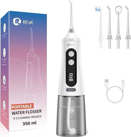 Professional Water Dental Flosser for Teeth & Braces - 9 Modes Cordless Oral Irrigator, 350ML Large Reservoir, 360° Nozzle, IPX7 Waterproof, Rechargeable, Dental Floss Tool (M131 - White)