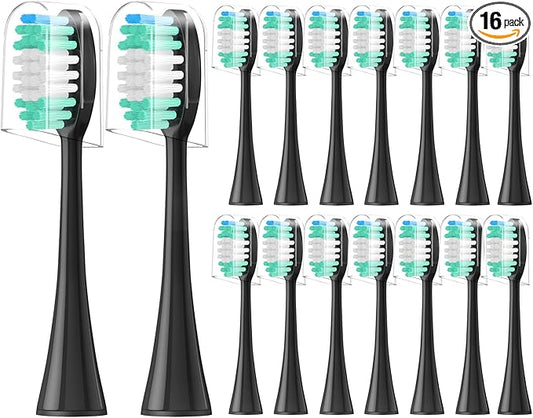 Replacement Toothbrush Heads 16 Pack Compatible with AquaSonic Black Series, Vibe Series, and Duo Series Pro Electric Toothbrush, Black