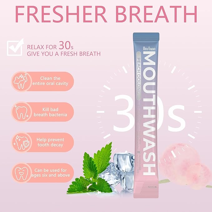 Travel Size Mouthwash, Peach Oolong Flavor, Alcohol-Free, 30-Pack Portable Packets, 0.5 Fl Oz Each, Long-Lasting Freshness (30)