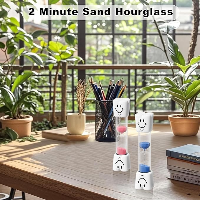 2 Minute Toothbrush Sand Timer for Kids, Small Pink Smiley Acrylic Hourglass Sand Clock Set 2min, Plastic Glass Mini Sandglass for Classroom Games Kitchen (Pack of 2)