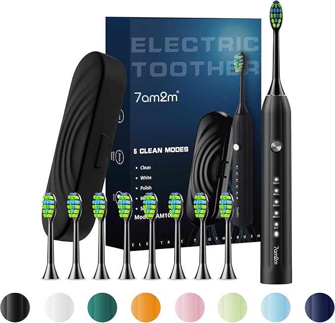 7AM2M Sonic Electric Toothbrush for Adults and Kids, with 8 Brush Heads and Travel Case,5 Modes with 2 Minutes Built in Smart Timer, One Charge Use for 90 Days, Rechargeable Toothbrushes(Black)