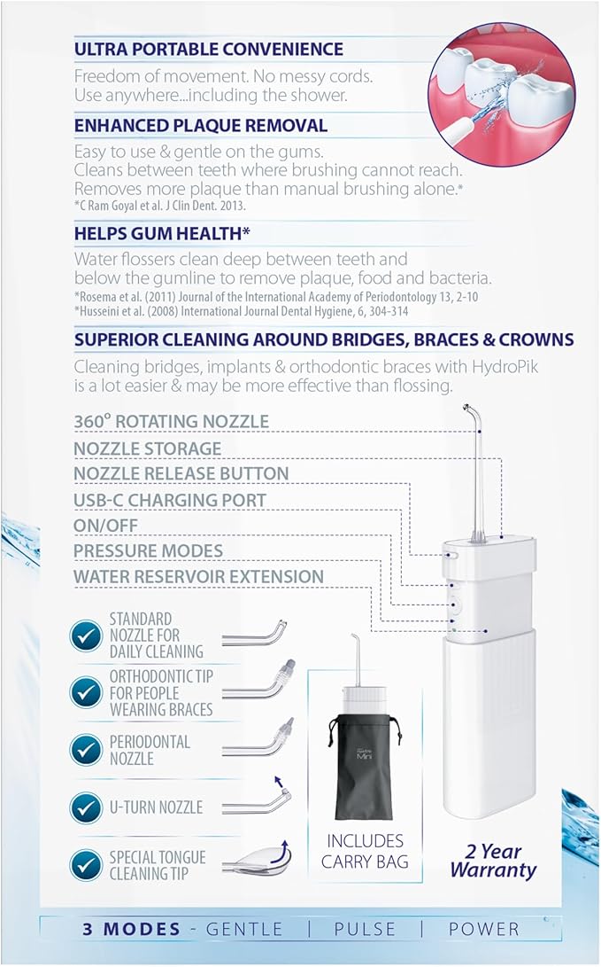 Piksters HydroPik Mini Water Flosser for Travel – Portable Cordless Oral Irrigator with USB-C Charging, 3 Pressure Modes & 5 Tips, Compact & Lightweight for On-The-Go Dental Care, White