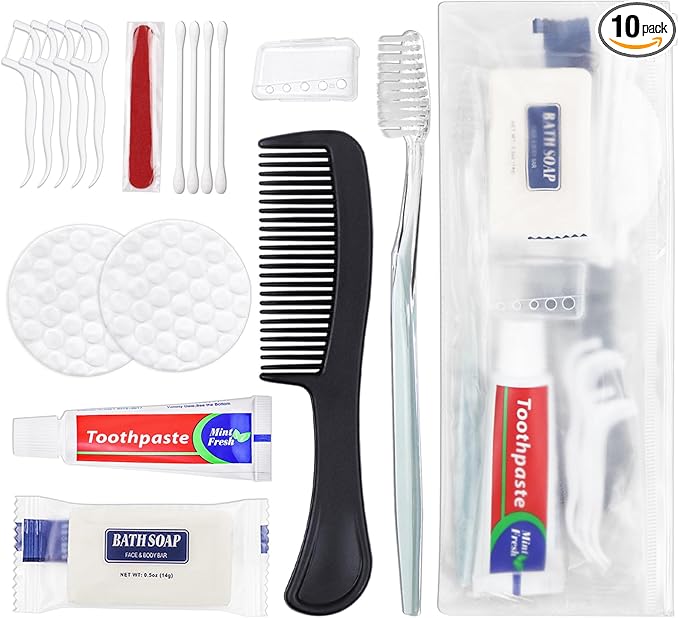 10 Sets Personal Hygiene Kit Bulk, Disposable Toothbrushes with Toothpaste Floss Comb Soap Cover and Vanity Kit, Toiletry Kits Homeless Supplies Bulk for Women,Men,Travel,Homeless