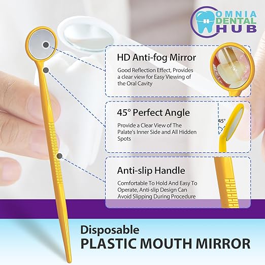 100 PCs Dental Grade Disposable Dental Mouth Mirrors by Omnia ONE | Oral Dental Mirror Plastic Dental Instrument | Anti Fog Mouth Glass Mirror for Teeth with Handles Plastic Tooth Mirror