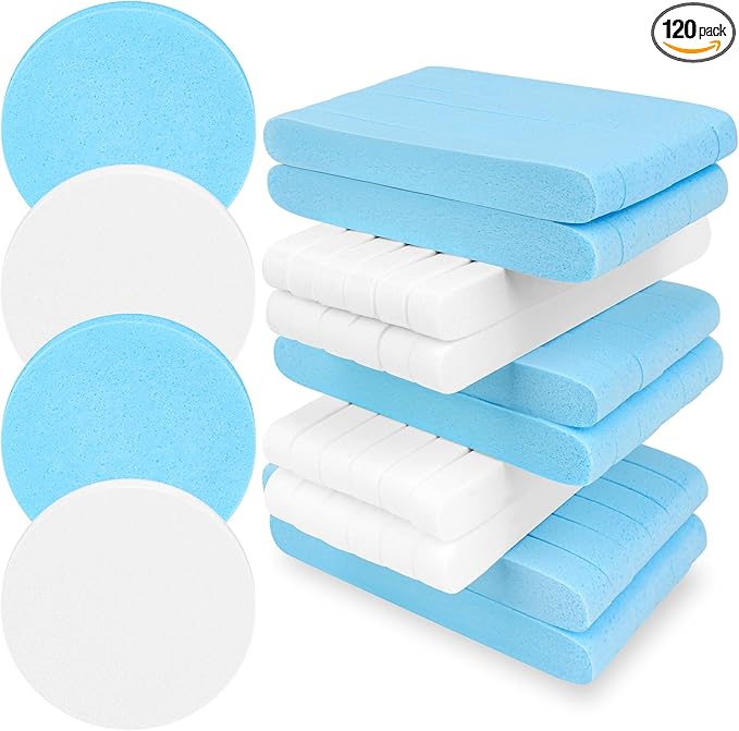 120 Pcs Facial Sponge Compressed, Luxiv Face Cleansing Sponge Estheticians Compressed Makeup Facial Sponge Round Wash Face Sponges for Women Compress Exfoliating Removal Sponge (White+blue)
