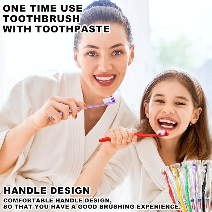 50pcs Disposable Toothbrushes with Toothpaste,Single Use Toothbrush with Toothpaste Individually Wrapped Disposable Travel Toothbrushes Kit Bulk for Homeless,Hotel,Guests(5 Colors)