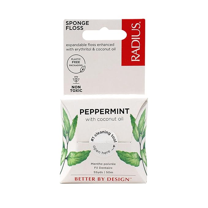 Radius Dental Floss, Sponge Floss, Peppermint, 55 Yards, Vegan & Non-Toxic Oral Care Designed to Help Fight Plaque, Pack of 3