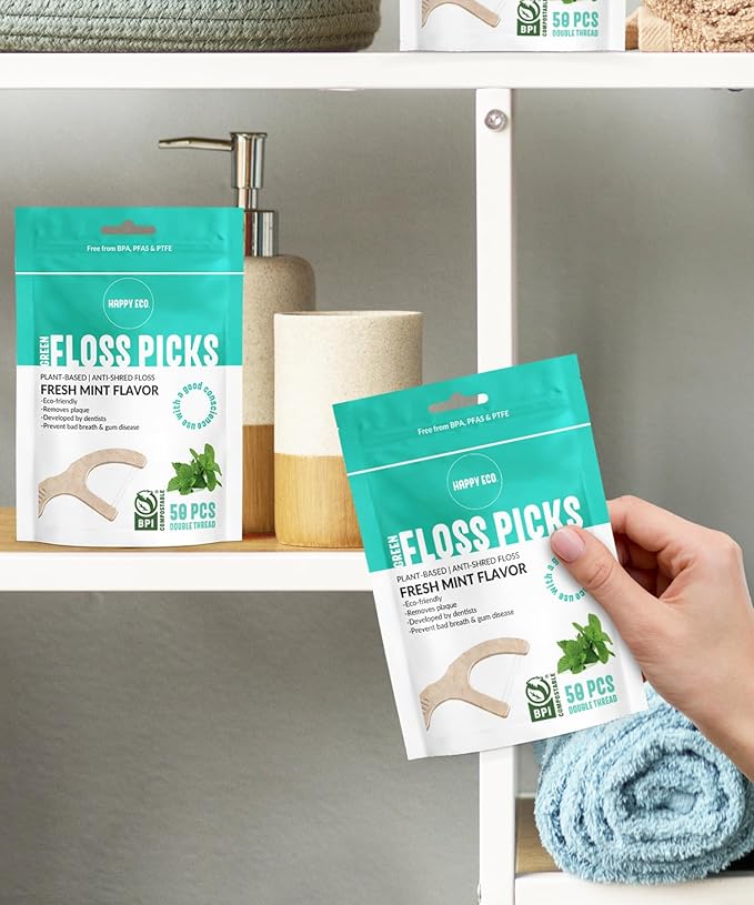 Floss Picks Biodegradable (100pcs) - Natural Dental Floss Picks, Vegan, Sustainable, Reusable, Shred Resistant and Nontoxic Plant-Based Material - Single Thread Mint