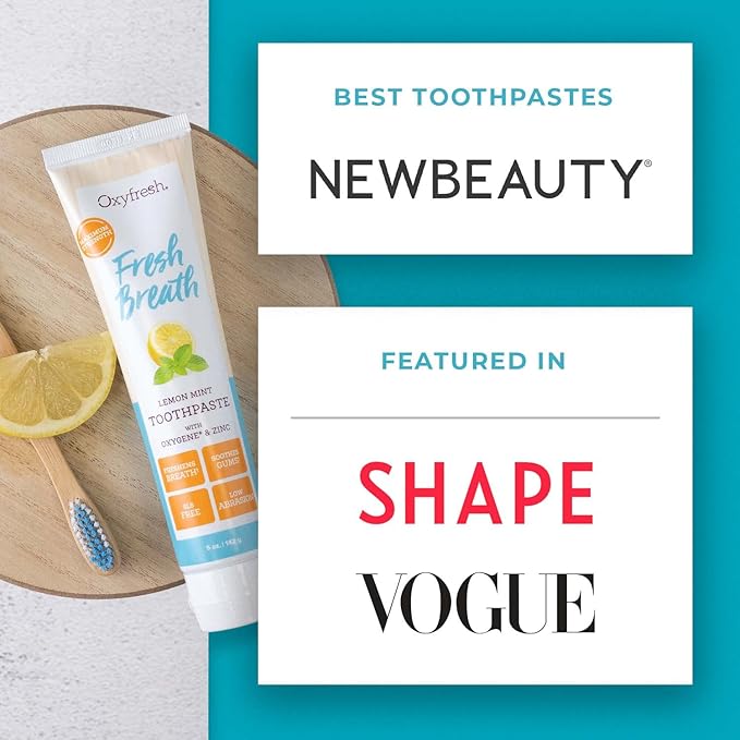 Oxyfresh Premium Lemon Mint Fresh Breath Toothpaste to Help Fight Bad Breath, Anti Plaque & Tartar Control - Low Abrasion Gel, SLS & Fluoride Free Toothpaste with Essential Oils, 5oz