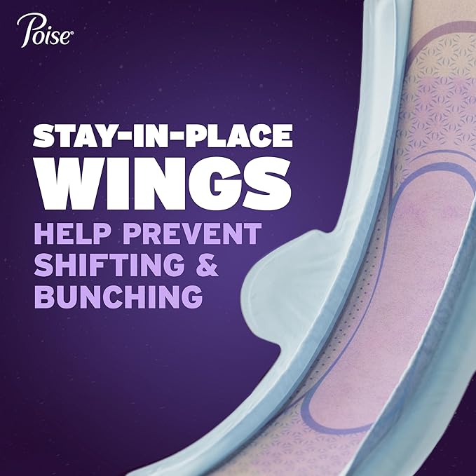 Poise Overnight Ultra Thin Incontinence & Postpartum Pads with Wings for Bladder Leaks, 8 Drop Extra Absorbent, Long Length, 20 Count