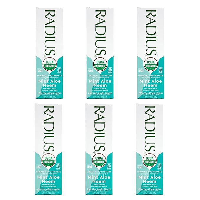 Radius Toothpaste, Mint Aloe Neem, 3 oz, USDA Organic Non-Toxic Chemical-Free Gluten-Free, Designed to Improve Gum Health & Prevent Cavities, Pack of 6