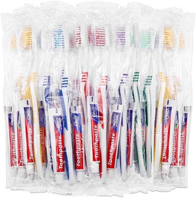 25 Set Disposable Toothbrushes with Toothpaste and Soap Individually Wrapped, 25 pcs Toothbrushes, 5 Colors with 25 pcs Bar Soap(0.5 oz)