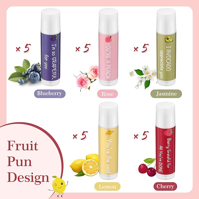 30 Sets Moisturizing Lip Balms Bulk Employee Appreciation Gifts with Fruit Pun Keychains and Organza Bags for Coworker Teacher Appreciation Thank You Gifts