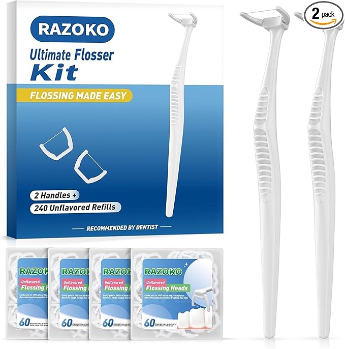 RAZOKO Ultimate Flosser Kit with 2 Handles and 240 Extra Strength Refills