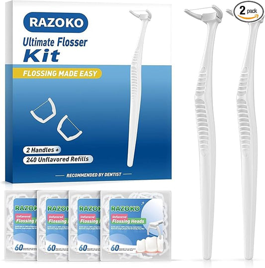 RAZOKO Ultimate Flosser Kit with 2 Handles and 240 Extra Strength Refills
