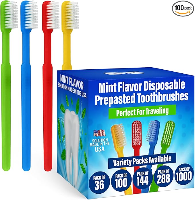 100 Pack Prepasted Disposable Toothbrushes | Pre-Pasted Soft Bristle Tooth Brush Set for Dental Care & Oral Hygiene | Individually Wrapped Pasteb Made in USA (100 Pack)