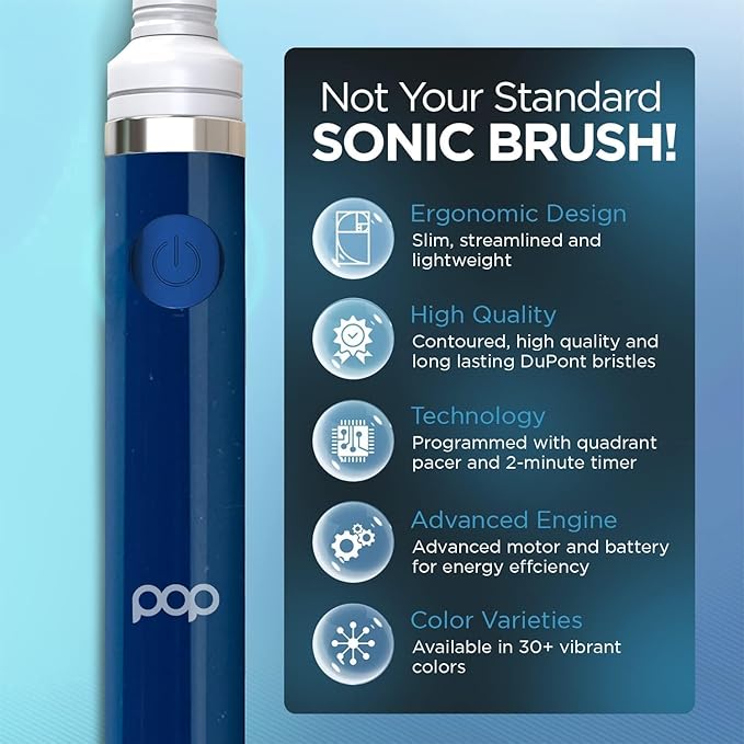 Pop Sonic Electric Toothbrush (Navy + 8 Brush Heads) - Travel Toothbrushes w/AAA Battery | Kids Electric Toothbrushes with 2 Speed & 15,000-30,000 Strokes/Minute, Dupont Nylon Bristles
