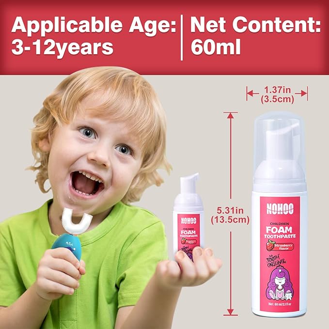 NOHOO Fluoride Free Foam Toothpaste Kids Strawberry,Natural Training Toothpaste for Baby Toddler Children Oral Cleaning and Cavity Protection(2 Pack)