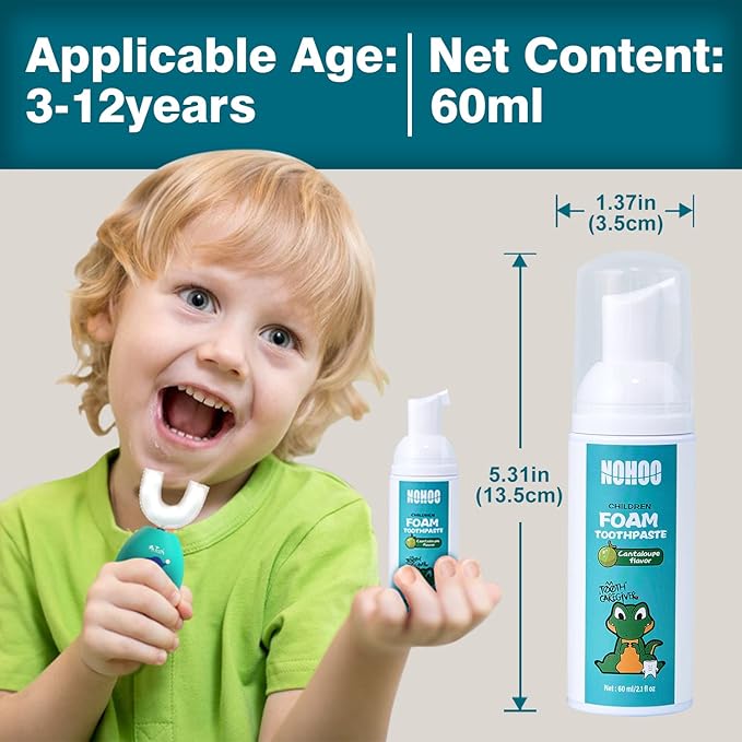NOHOO Fluoride Free Foam Toothpaste Kids Cantaloupe,Natural Training Toothpaste for Baby Toddler Children Oral Cleaning and Cavity Protection(2 Pack