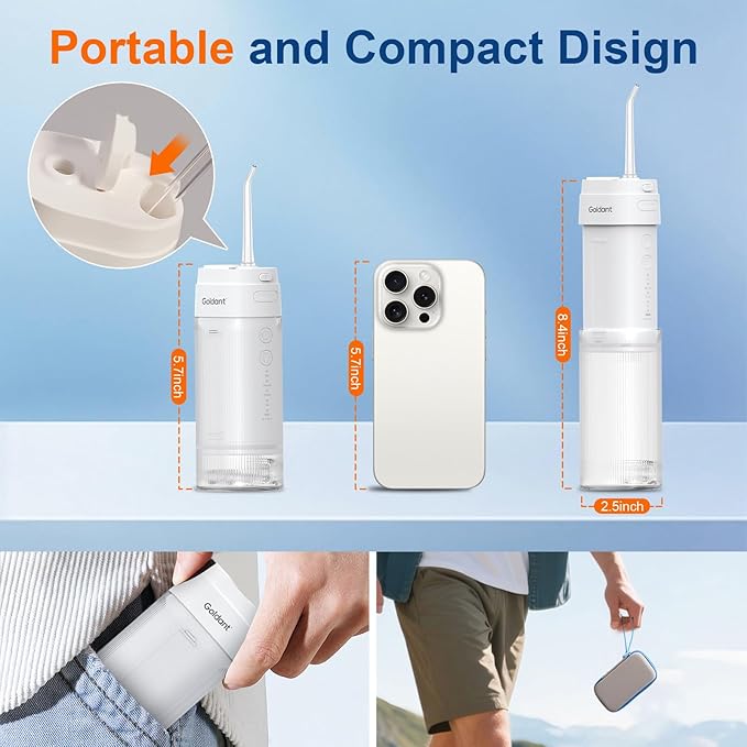 Portable Water Flosser for Teeth with Exquisite Travel Case, Cordless Rechargeable Mini Oral Irrigator with Removable Tank, IPX7 Waterproof, 4 Modes & 4 Jet Tips for Tooth Cleaning (White)