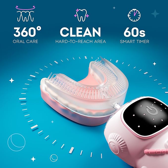 Bendi Sensory 360 Round U-Shaped Astronaut Design Mouthguard Electric Toothbrush for Kids Ages 2-7 - Automatic Memory Function - 5 Modes Toothbrush with Multiple Heads – Kids Travel Essentials (Pink)
