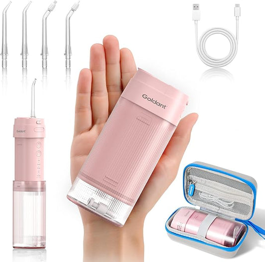Portable Water Flosser for Teeth with Exquisite Travel Case, Cordless Rechargeable Mini Oral Irrigator with Removable Tank, IPX7 Waterproof, 4 Modes & 4 Jet Tips for Tooth Cleaning (Pink)