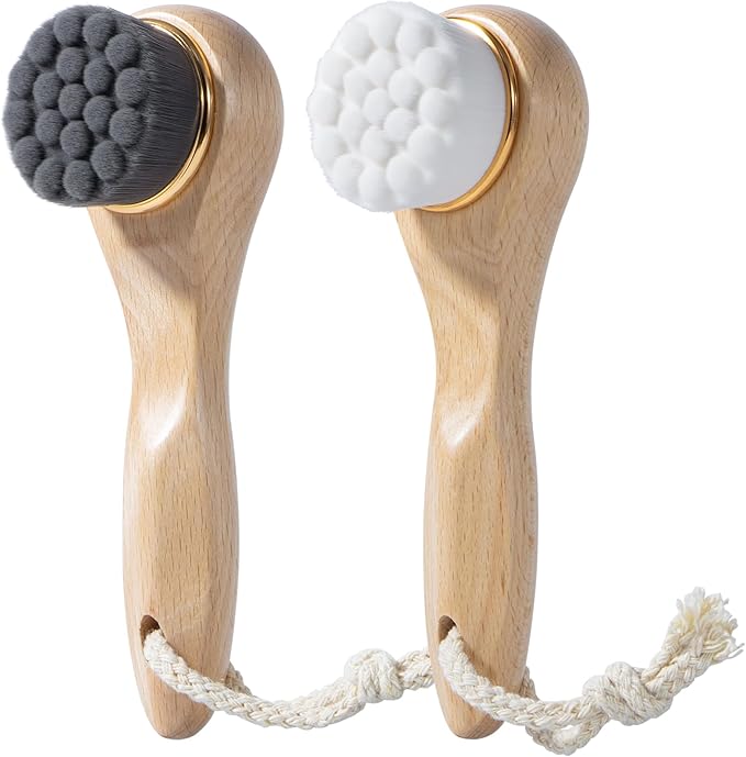 2 Pcs Face Scrubber with Wooden Handle, Facial Cleansing Brushes Face Wash Brush for Deep Pore Cleansing and Exfoliating, Ultra Soft Bristles Manual Dry Brush for Face Care
