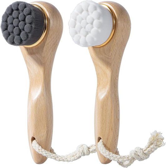 2 Pcs Face Scrubber with Wooden Handle, Facial Cleansing Brushes Face Wash Brush for Deep Pore Cleansing and Exfoliating, Ultra Soft Bristles Manual Dry Brush for Face Care