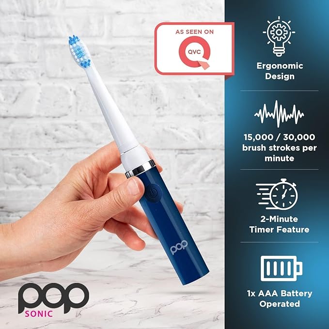 Pop Sonic Electric Toothbrush (Navy + 8 Brush Heads) - Travel Toothbrushes w/AAA Battery | Kids Electric Toothbrushes with 2 Speed & 15,000-30,000 Strokes/Minute, Dupont Nylon Bristles