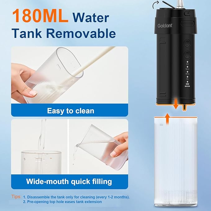 Portable Water Flosser for Teeth with Exquisite Travel Case, Cordless Rechargeable Mini Oral Irrigator with Removable Tank, IPX7 Waterproof, 4 Modes & 4 Jet Tips for Tooth Cleaning (Black)