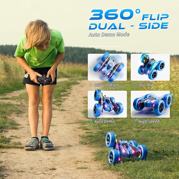 Remote Control Stunt Car 4WD 360° Flip Double‑Sided RC Cars, LED Light Bar, USB‑C Modular Battery, 2.4 GHz Outdoor Beach Toy for Boys 6‑12 Years Old, Birthday & Christmas Kids Gift, Blue