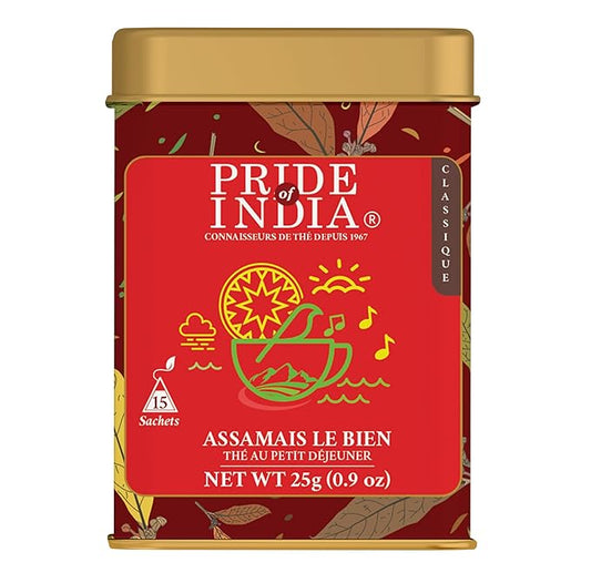 Pride of India | Assamese Gold English Breakfast Blend | 15 Predium Pyramid Full Leaf Individually Wrapped Tea Bags | Full-Bodied, Strong & Malty Flavor | Single Estate Certified Classic Tea