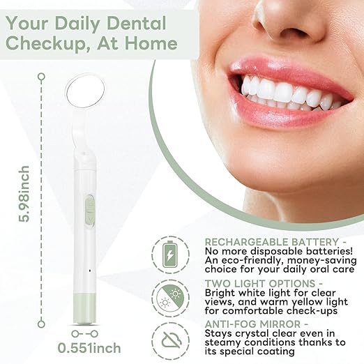 Rechargeable LED Dental Mirror with USB Charging Function, Anti-Fog Mirror Surface, White & Yellow Dual Lighting, Detachable Design for Easy Cleaning(Green)