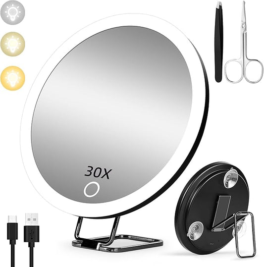 30x Magnifying Mirror With Light, Large 6" Rechargeable Lighted With Suction Cups & Table Stand, 3 Color Modes Dimmable Light up Travel Makeup High Magnification