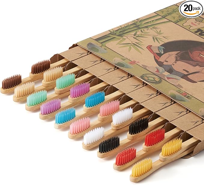 20 Count Bamboo Toothbrushes - BPA Free Soft Bristles Natural Toothbrush Set - Biodegradable & Compostable Eco-Friendly Wooden Toothbrush, Multicolor