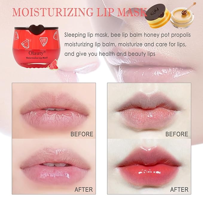 3 PCS Bee Lip Balm Lip Mask Honey Pot, Honey & Strawberry & Watermelon Lip Sleeping Mask Overnight Moisturizing Honey Lip Balm, Hydrating Prevention Dry & Cracked Lip Scrubs Lip Care