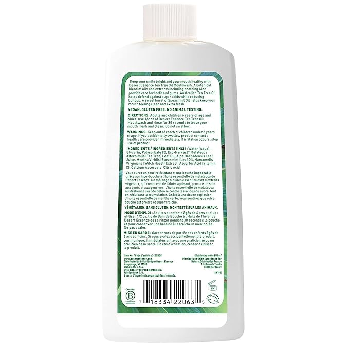 Desert Essence Alcohol-Free Mouthwash with Tea Tree Oil and Aloe, Sugar-Free, Oral Rinse to Provide Botanical Care for Teeth & Gums, Vegan, Non-GMO, SLS-Free, Gluten-Free, Spearmint Flavor, 8oz