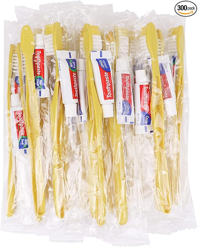 Disposable Toothbrushes with Toothpaste,300 Pack Yellow Hollow Individually Wrapped Disposable Travel Toothbrushes Kit in Bulk for Homeless,Nursing Home,Hotel,Charity